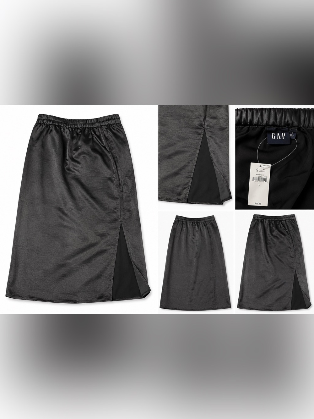 GAP Black Satin Midi Skirt with Side Slit